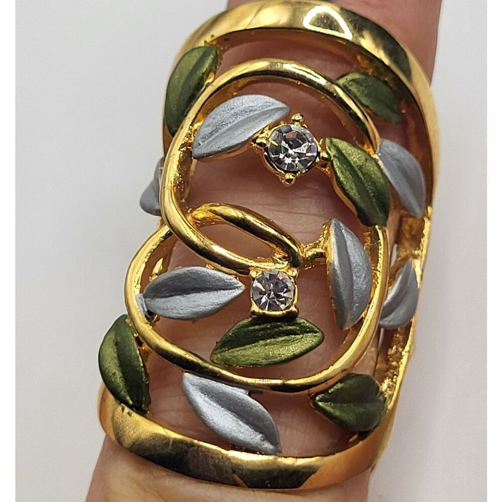 Beautiful Thick Leaves and Rhinestone Wide Ring Sz 5